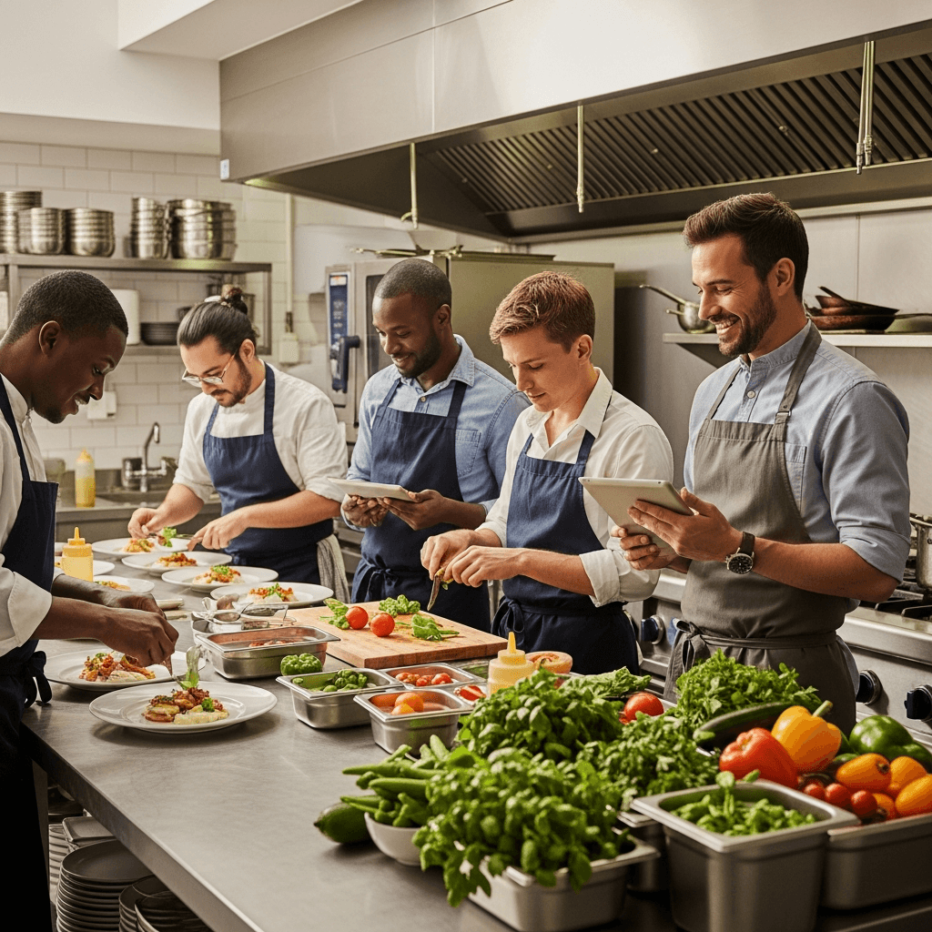 A kitchen team plating catering trays
